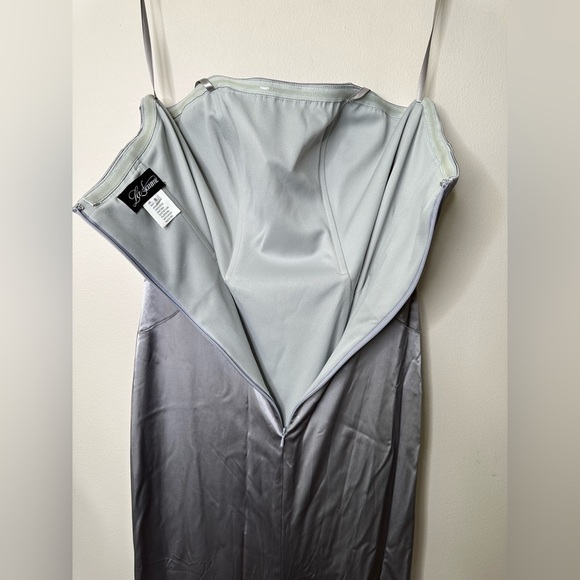 La Femme Simply Chic Strapless Stretch Satin Long Gown in platinum NWOT - Picture 8 of 9